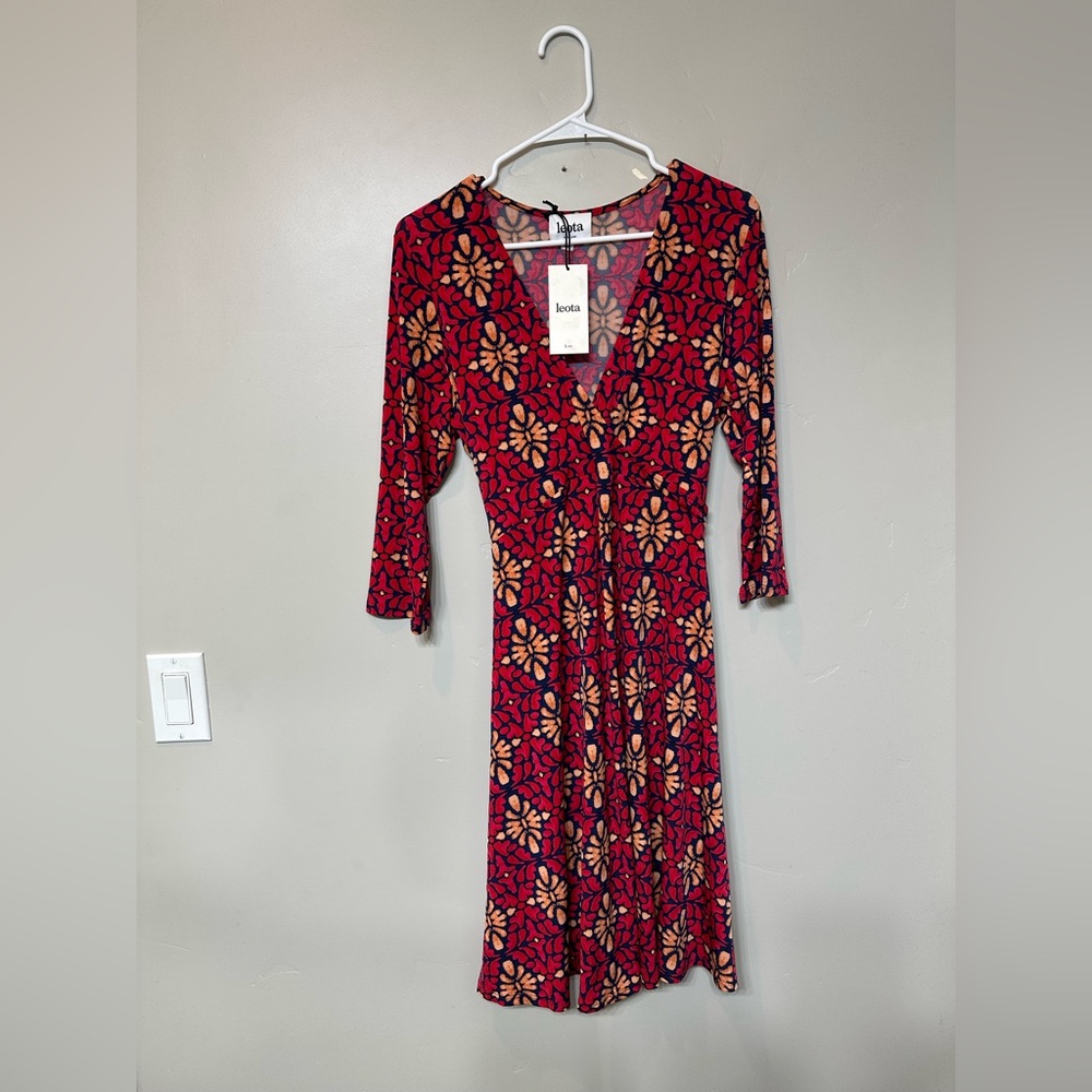 Leota Red Wrap Sundress with V-Neck and 3/4 Sleeves